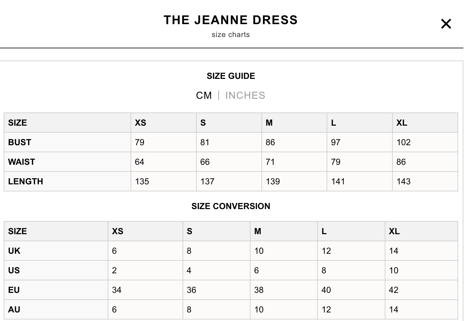 The No Emotions size chart as published: a bust, waist and length table in centimetres, with no statement of whether the figures describe the body or the garment.