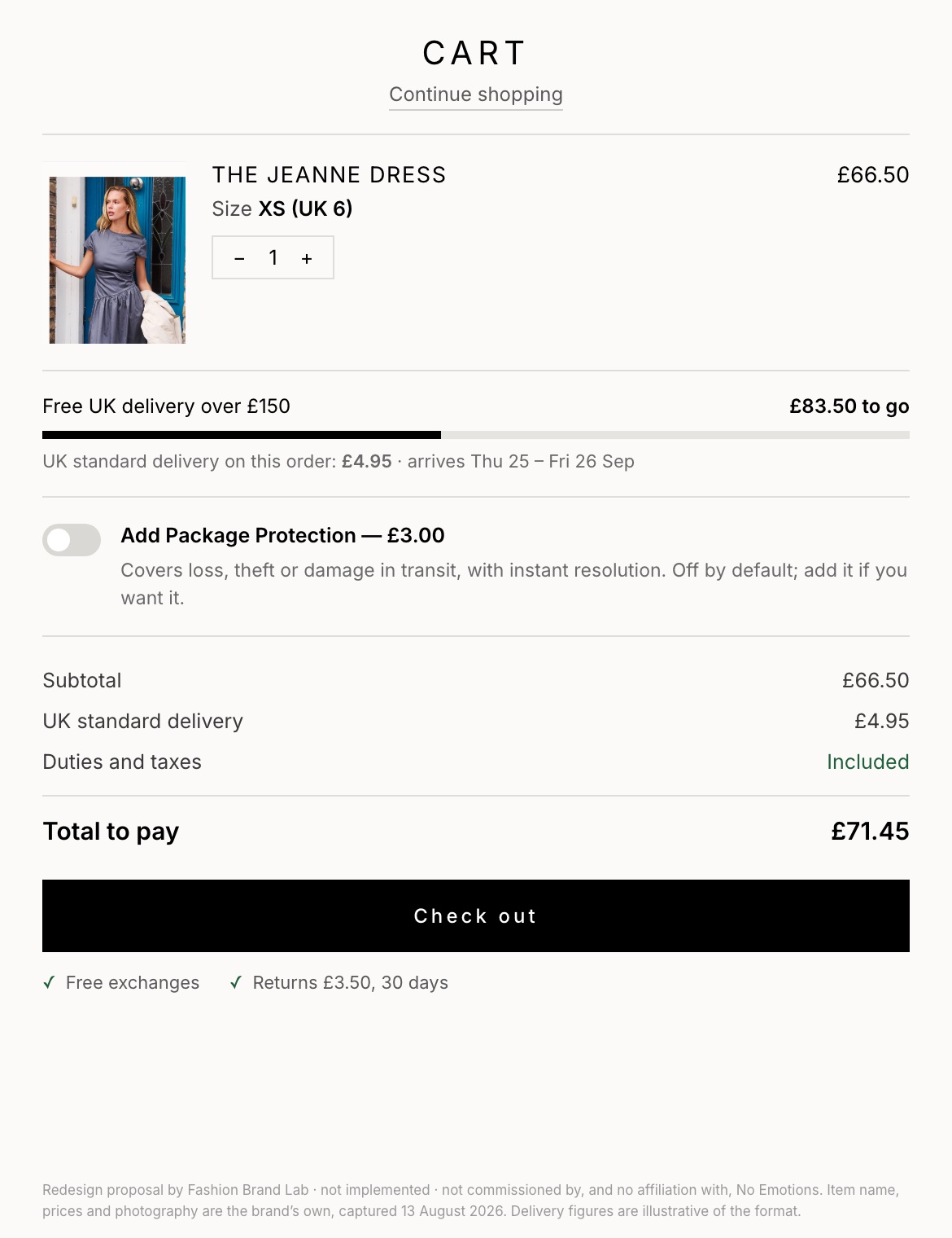 Fashion Brand Lab redesign of the same cart: the paid add-on is off by default and explains itself, delivery cost and date are resolved in the bag, and progress to free delivery is shown.