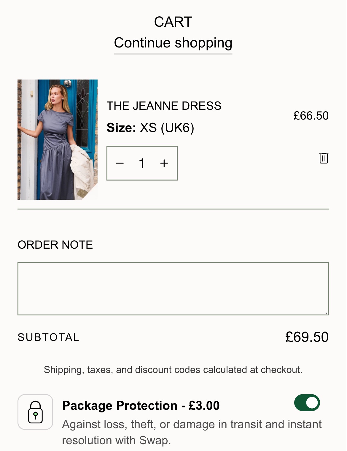 No Emotions mobile cart: a three pound Package Protection add-on is toggled on before the shopper has touched it, and shipping, taxes and discounts are all deferred to checkout.