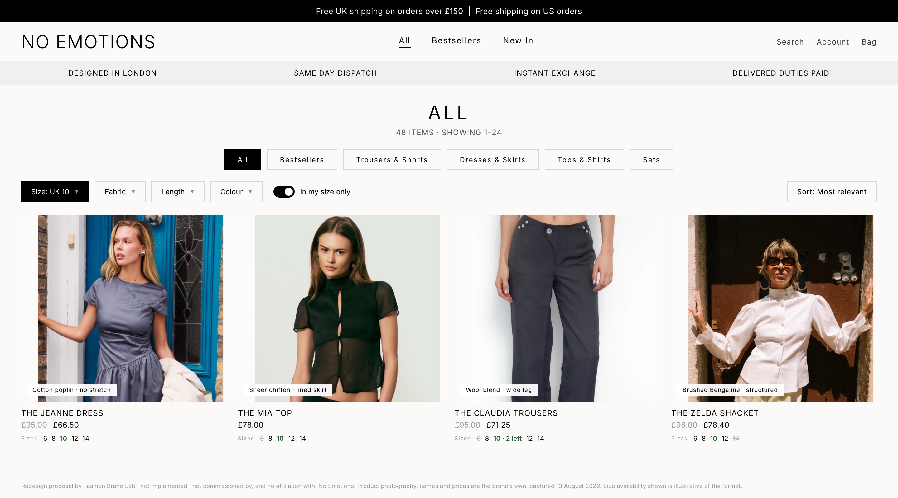Collection page redesign: the all-products URL returns the catalogue with a result count, category chips, size and fabric filters, a show-my-size toggle, fabric tags and size availability on every card.
