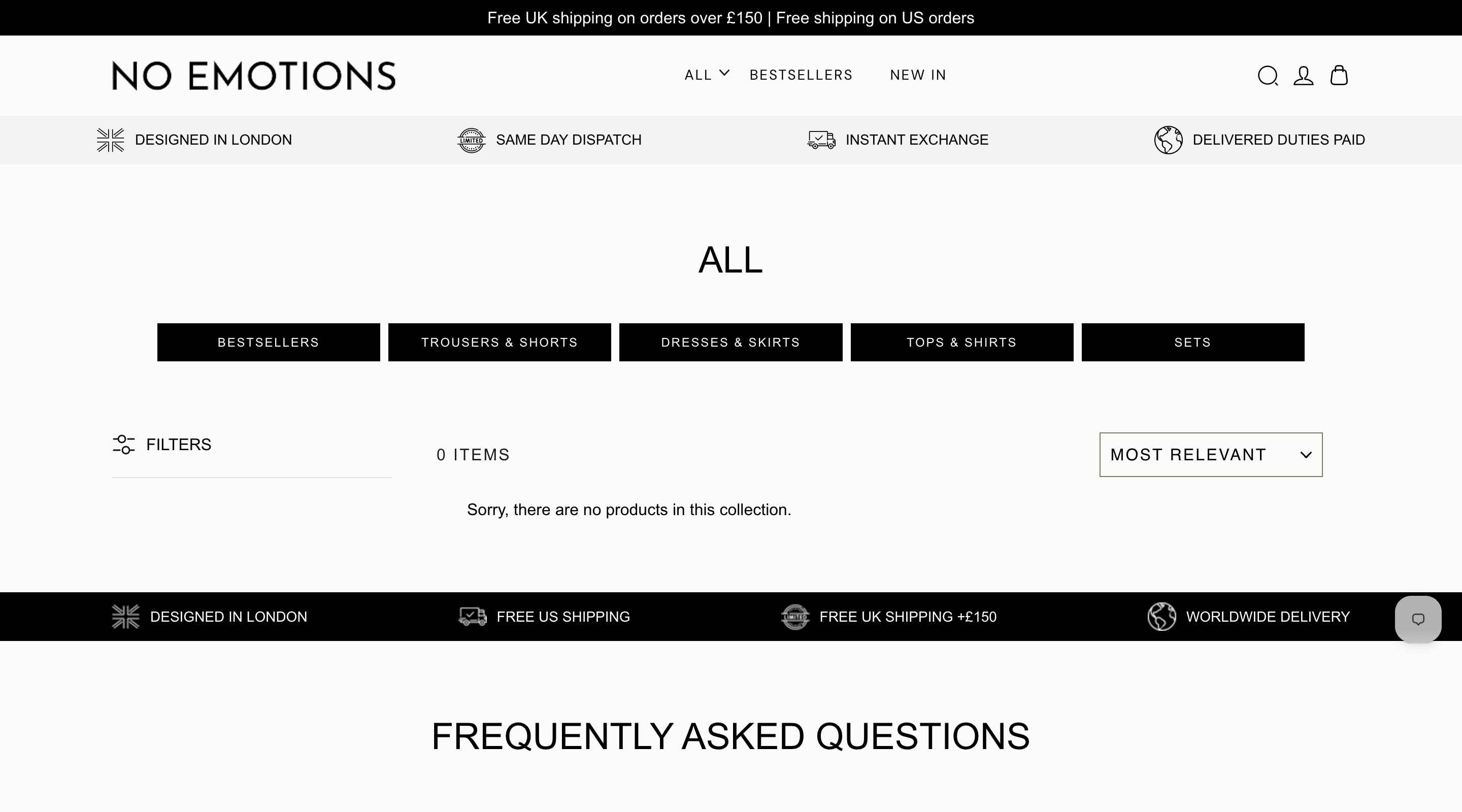 No Emotions all-products collection page: the heading reads ALL, the count reads 0 items, and the page says sorry, there are no products in this collection.