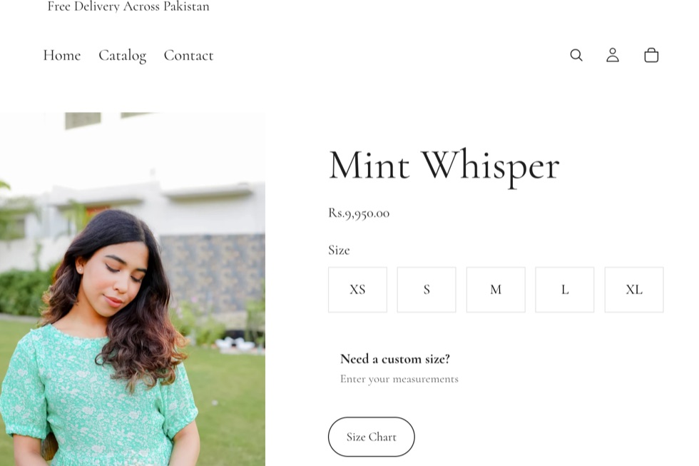 A published Shopify storefront product page with a required size selector.