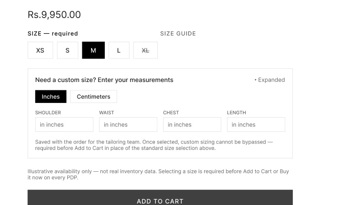 A Figma redesign frame of a product page buy box, with the size selector and measurement panel specified.