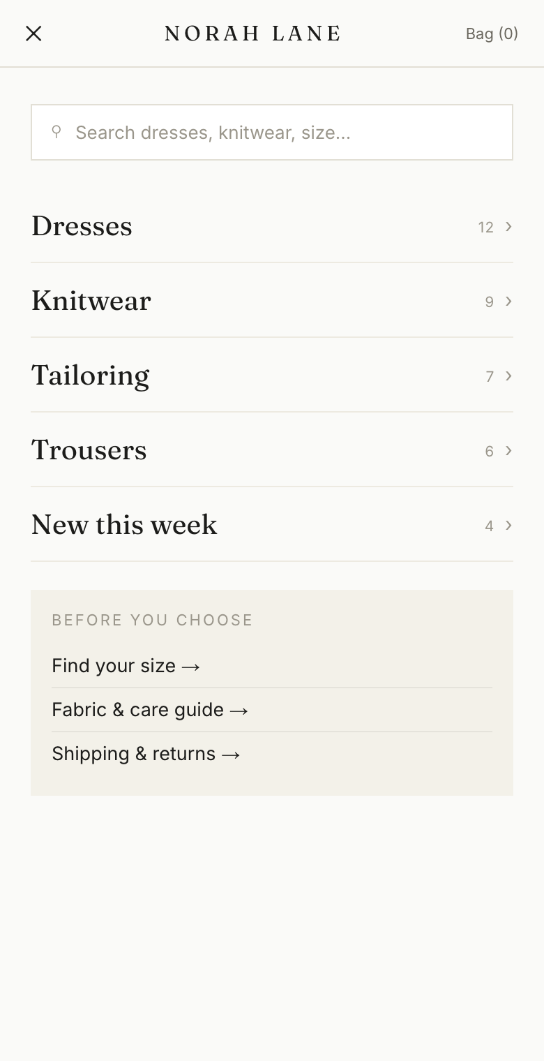 Fashion Brand Lab redesign of the same menu: a search field, five garment categories each with the number of products in it, and a Before You Choose block linking to find your size, fabric and care, and shipping and returns.