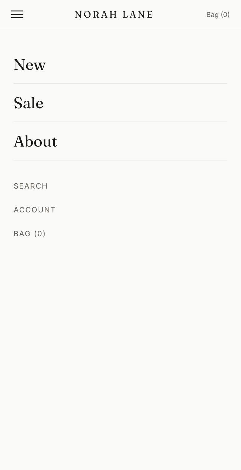 A phone menu with three links reading New, Sale and About, then Search, Account and Bag, and nothing that tells the shopper what the store sells.