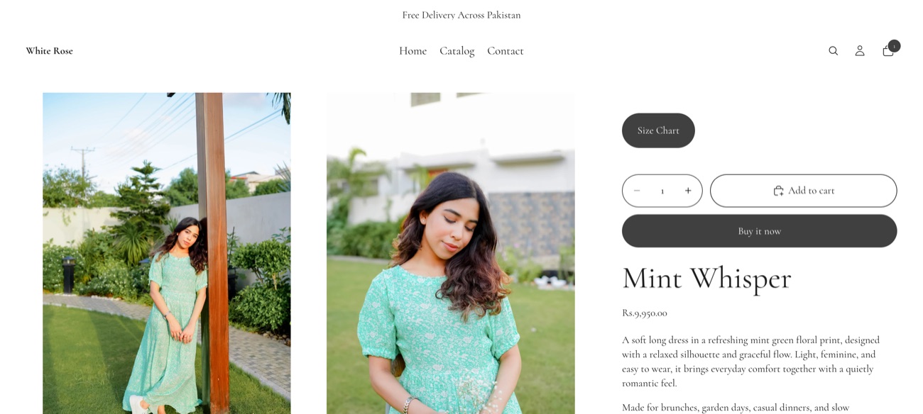 White Rose product page before: two buy buttons above the product name and no size selector in the buy box.