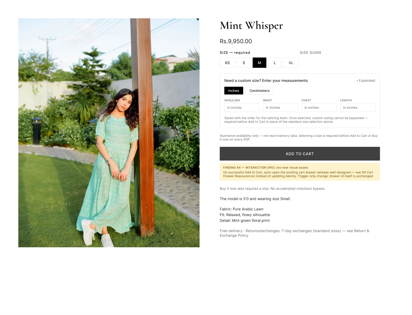 Fashion Brand Lab Figma redesign: name, price, a required size selector, the size guide beside it, and a custom measurement panel with an inches and centimetres switch.
