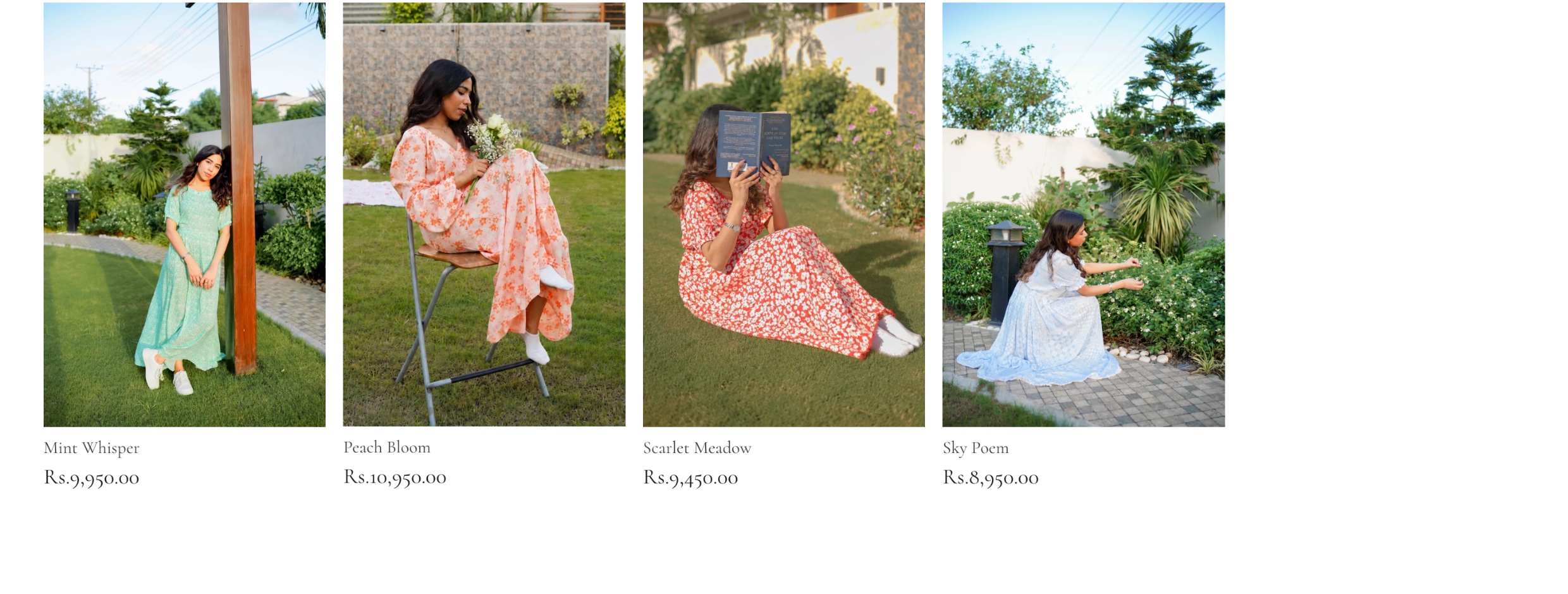 White Rose collection grid as found: each dress is photographed in a different pose, one seated and one with the face behind a book, and every card carries only a name and a price.