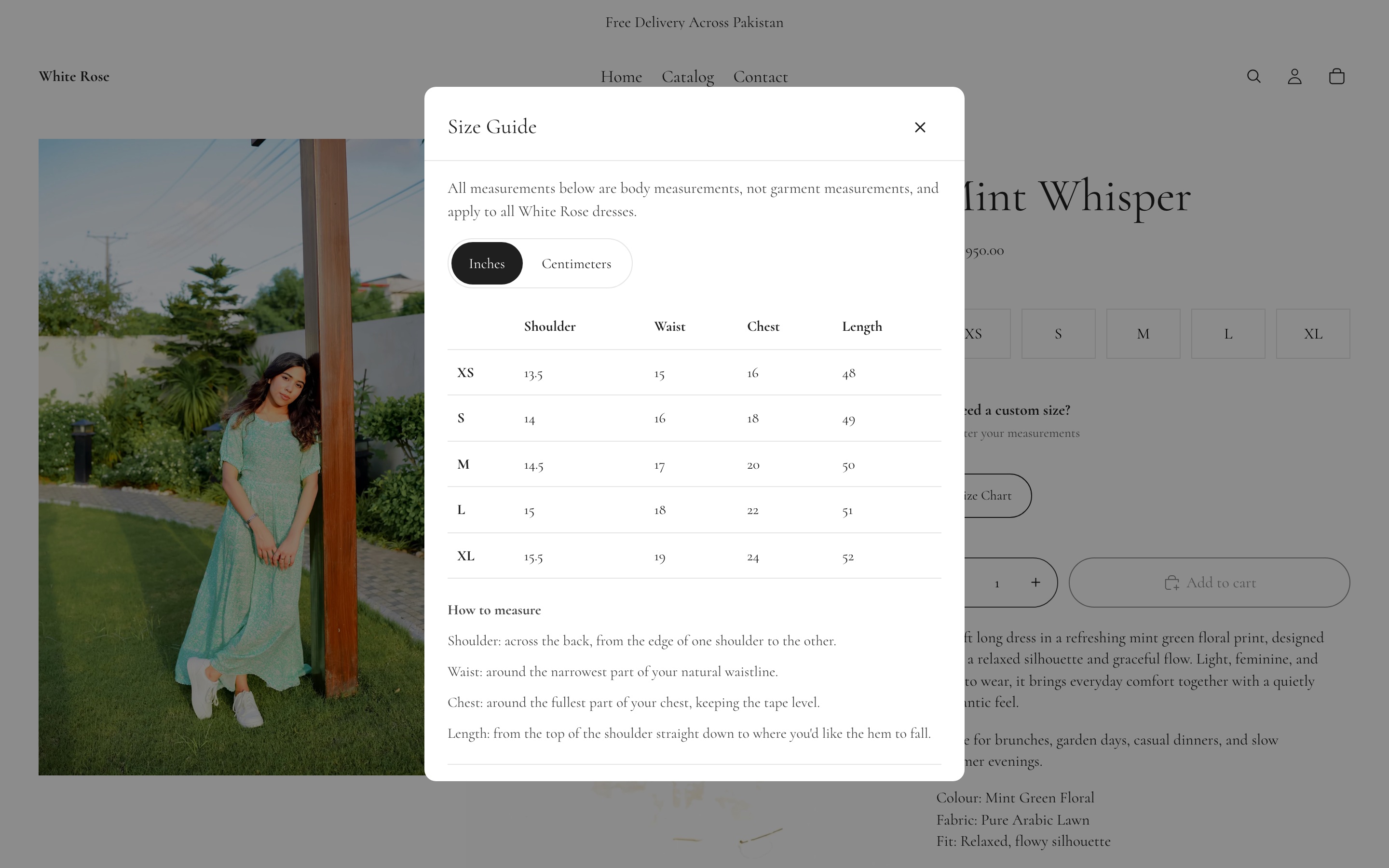 The White Rose product page as published today: the size guide opens on the product page, states that the figures are body measurements, and switches between inches and centimetres.