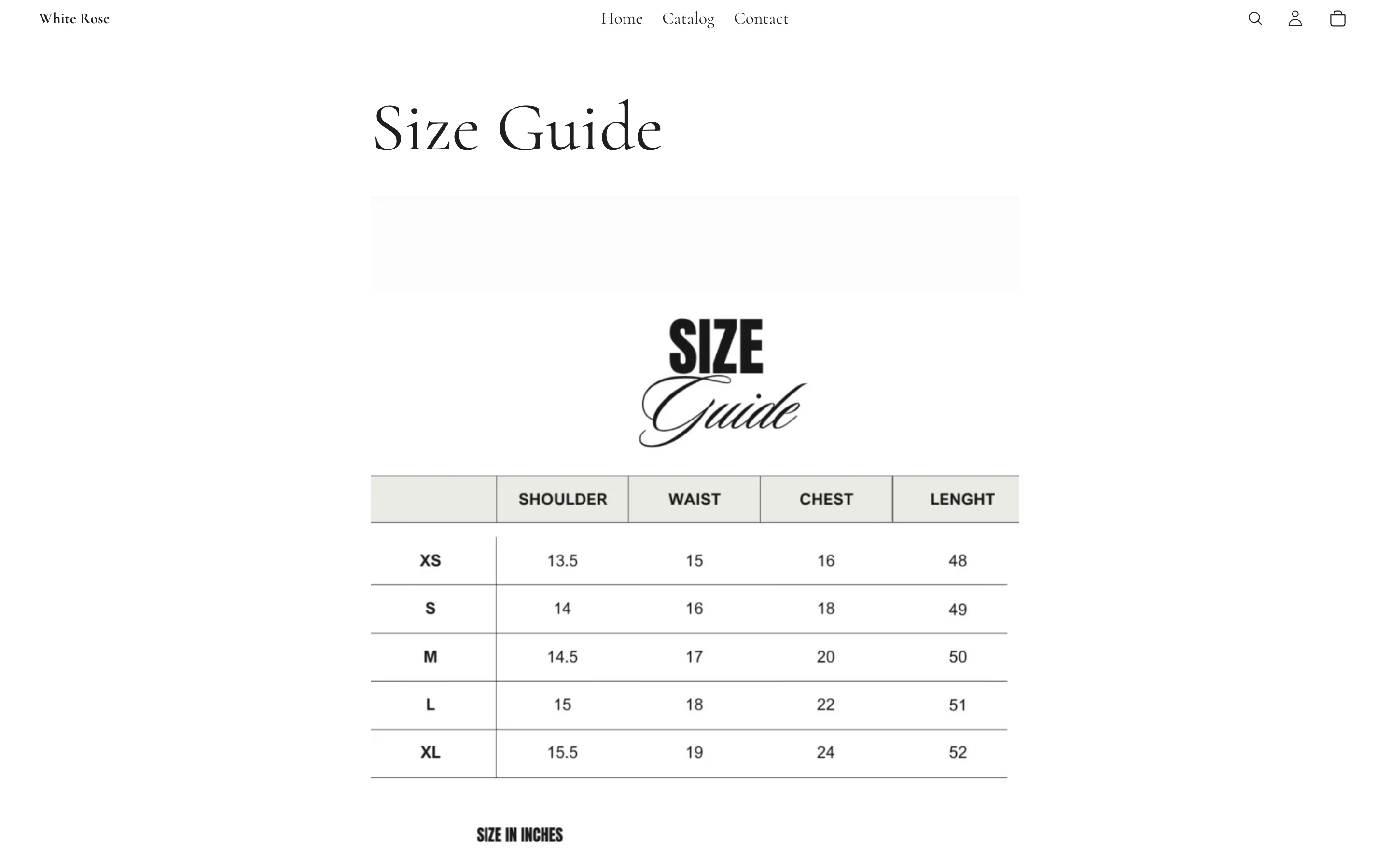 The White Rose size guide before: a flat graphic of a measurement table, in inches only, on its own page away from the dress.